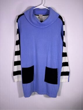 NWT Chico’s Zenergy Cowl Sweater Blue Stripe Sleeve Tunic Cotton Cashmere MP 274